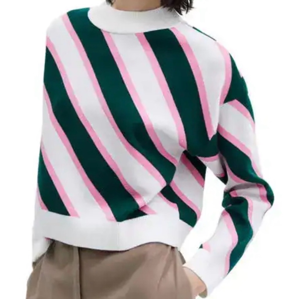 MANGO Striped Green and‎ Pink Sweater Preppy - Picture 3 of 5